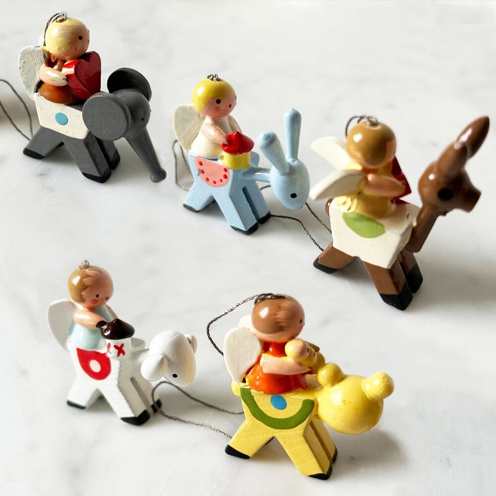 Vintage German Erzgebirge Angel Animal Ornaments Set 5 Wood Christmas Seiffen